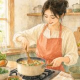 鍋のスープを木べらでかき混ぜる女性の水彩イラスト