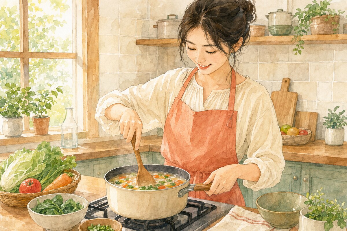 鍋のスープを木べらでかき混ぜる女性の水彩イラスト