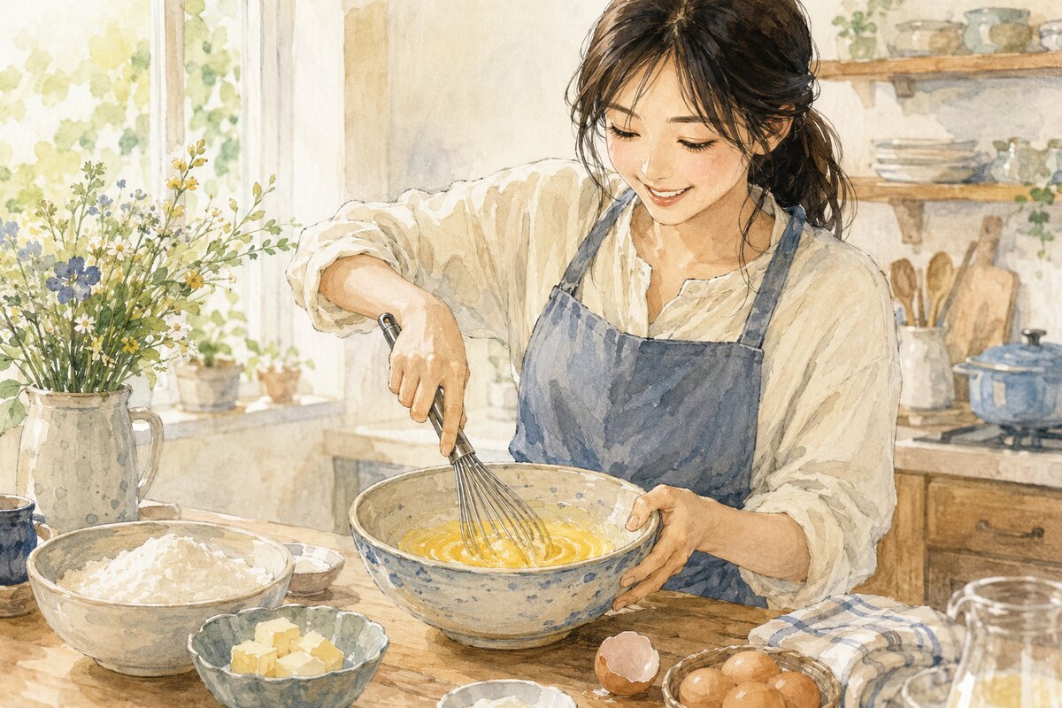 ボウルの卵を泡立て器で混ぜる女性の水彩イラスト