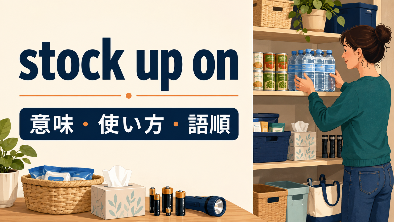stock up onの意味は？「買い置き・備蓄する」の使い方、語順とbuy in bulkとの違い