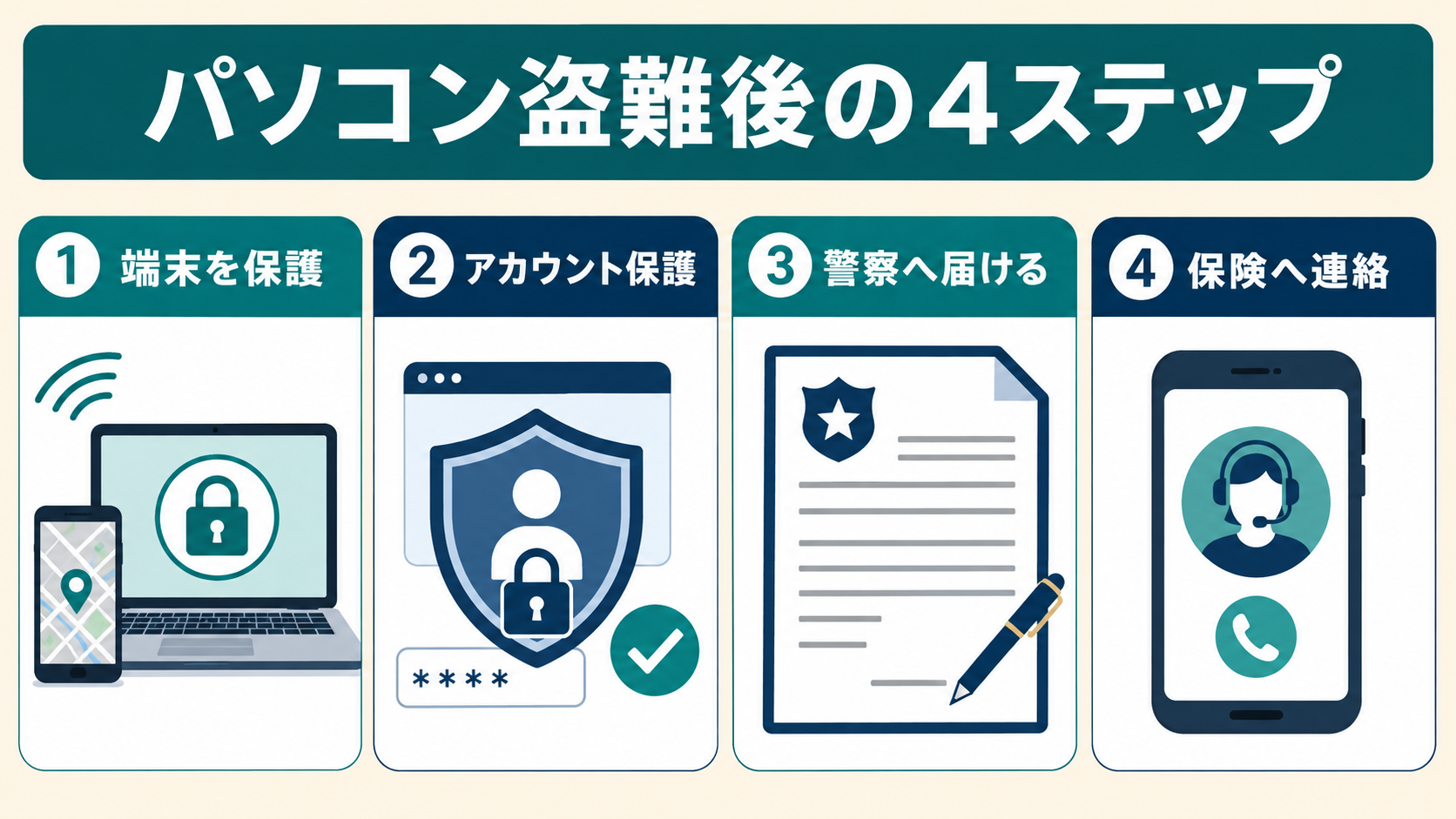 端末保護・アカウント保護・警察への届け出・保険連絡の4ステップ