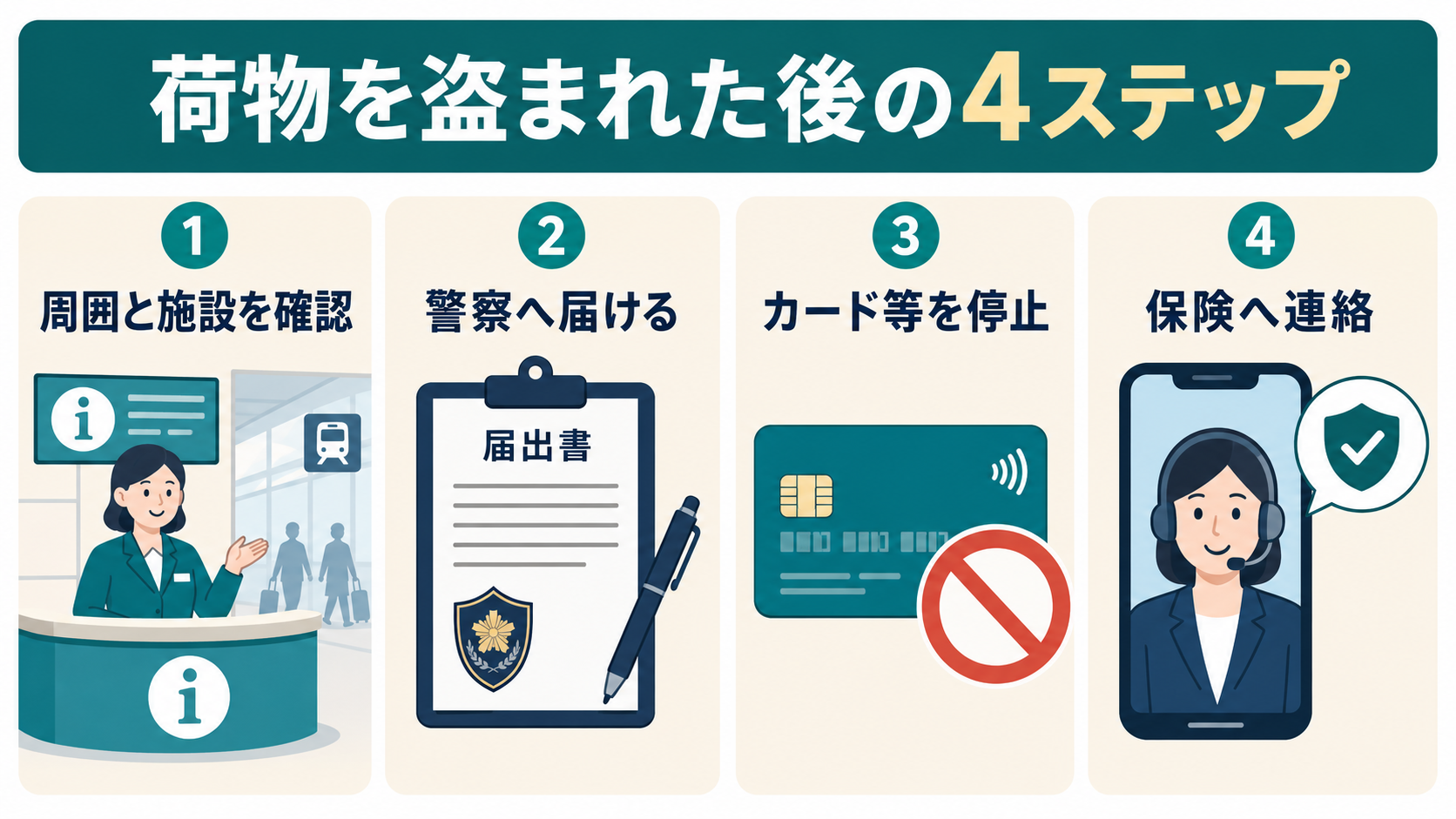 施設確認・警察への届け出・カード停止・保険連絡の4ステップ