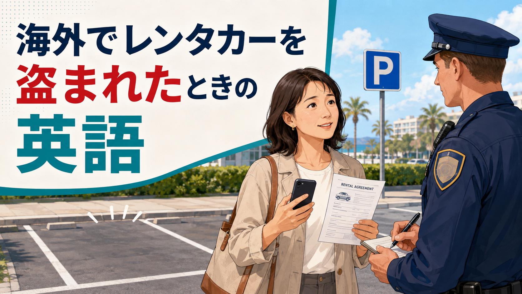 海外の駐車場で盗まれたレンタカーについて警察へ届け出る日本人旅行者
