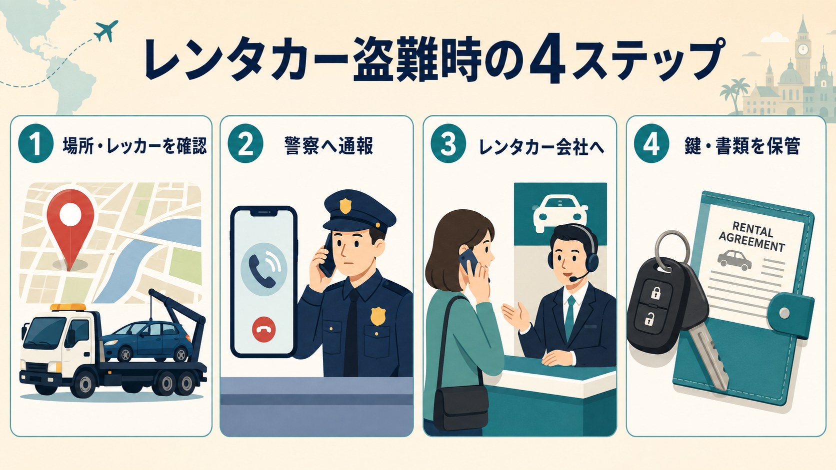 場所とレッカーを確認、警察へ通報、レンタカー会社へ連絡、鍵と書類を保管する4ステップ