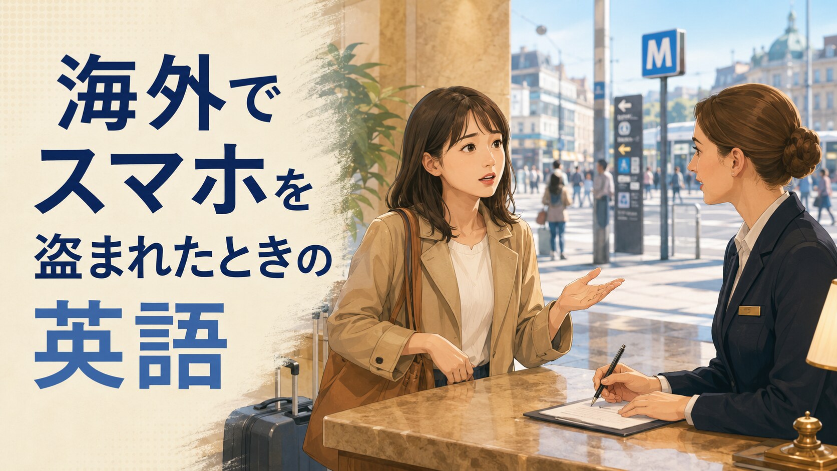 海外でスマホを盗まれたときの英語をホテルスタッフへ相談する旅行者