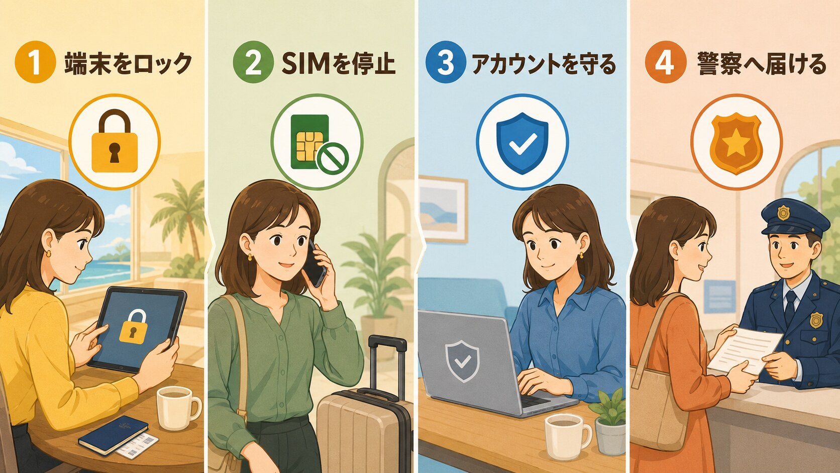 端末ロック・SIM停止・アカウント保護・警察への届け出の4ステップ