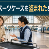 海外の駅でスーツケースを盗まれ、係員へ相談する旅行者