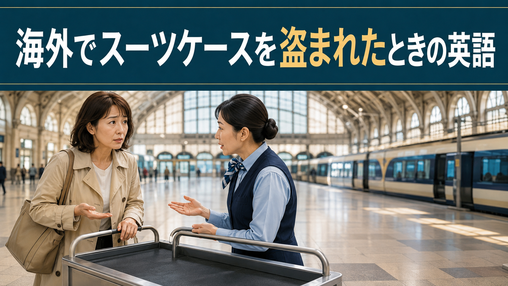 海外の駅でスーツケースを盗まれ、係員へ相談する旅行者