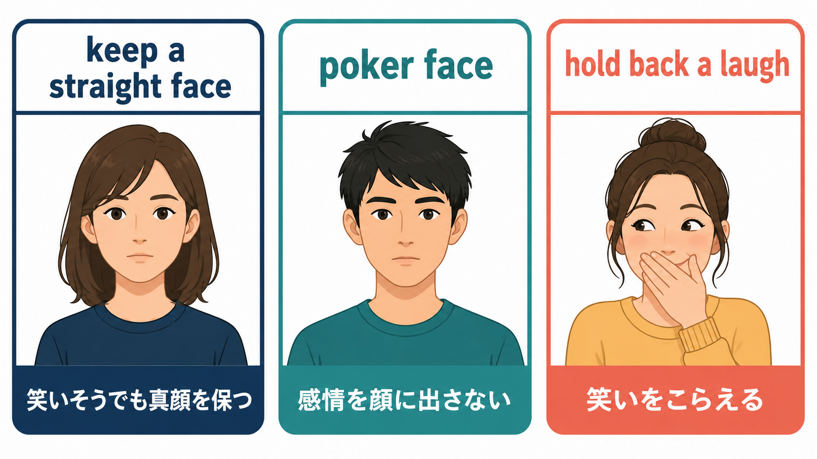 keep a straight face・poker face・hold back a laughのニュアンスの違い