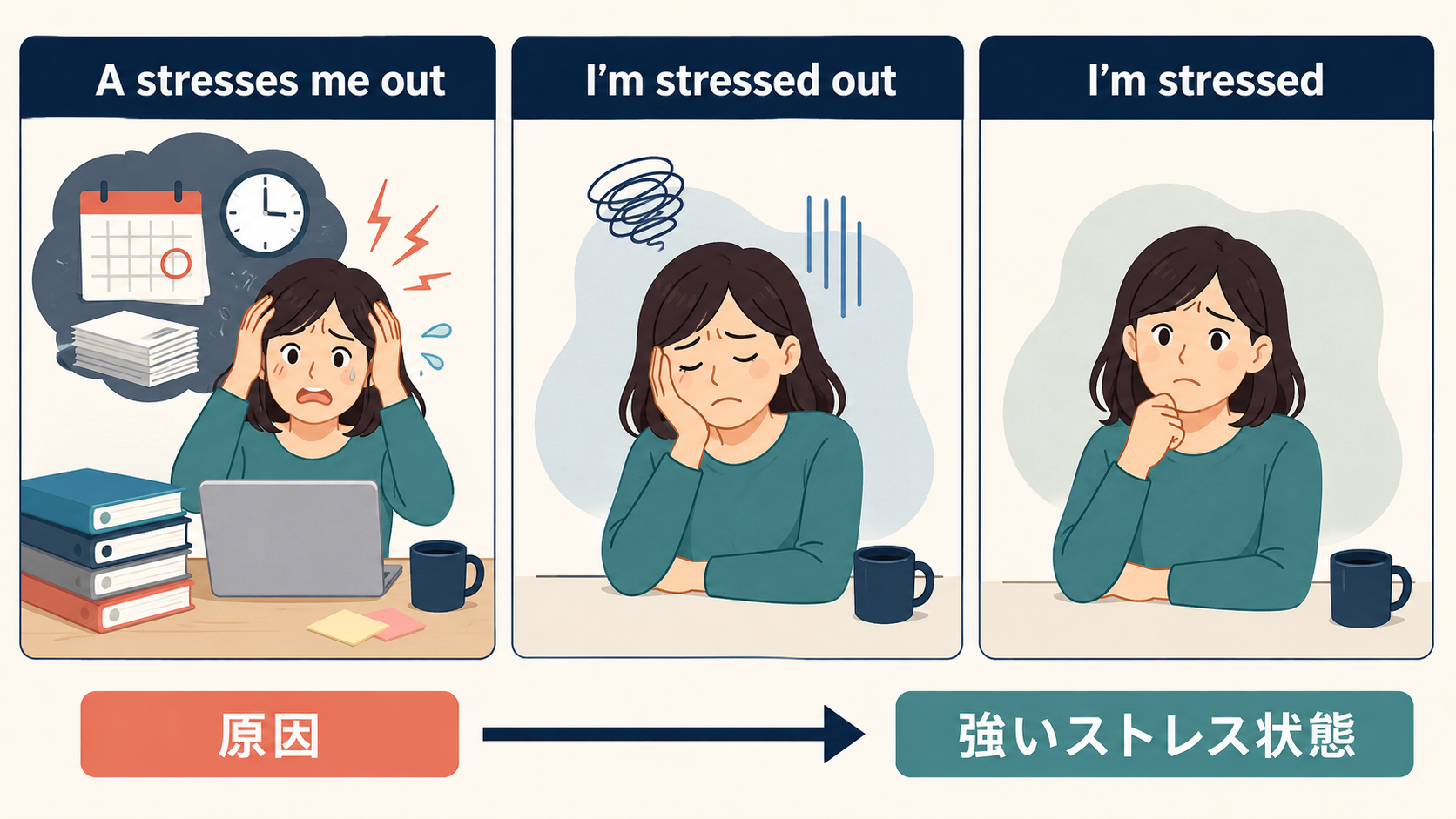 A stresses me out・I'm stressed out・I'm stressedの語順と違いを示すイラスト