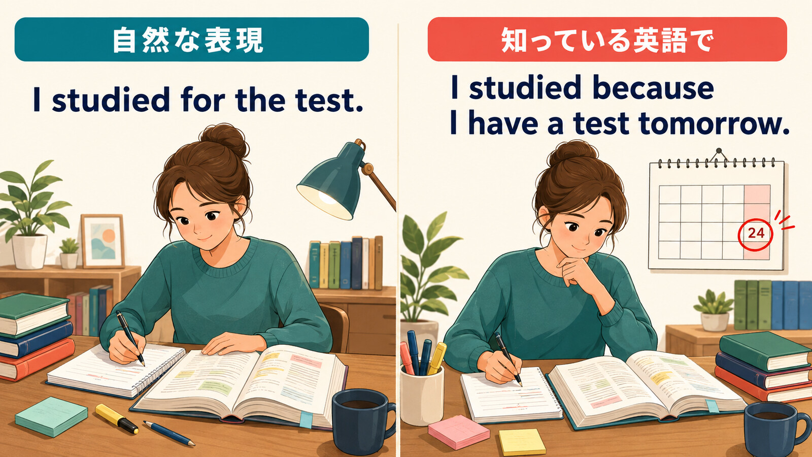 I studied for the testをI studied because I have a test tomorrowと言い換える解説イラスト
