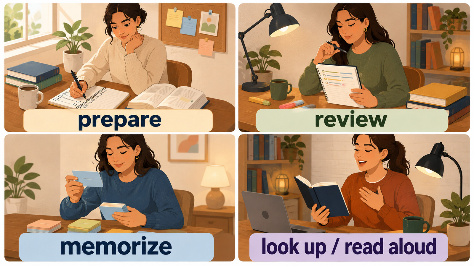 prepare・review・memorize・look up・read aloudを整理した図