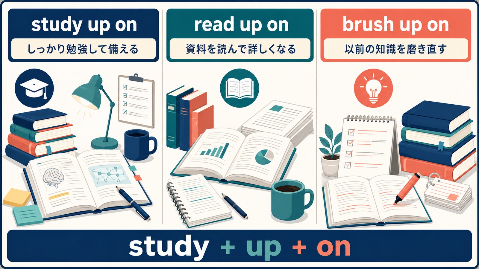 study up on・read up on・brush up onの意味の違いを示すイラスト