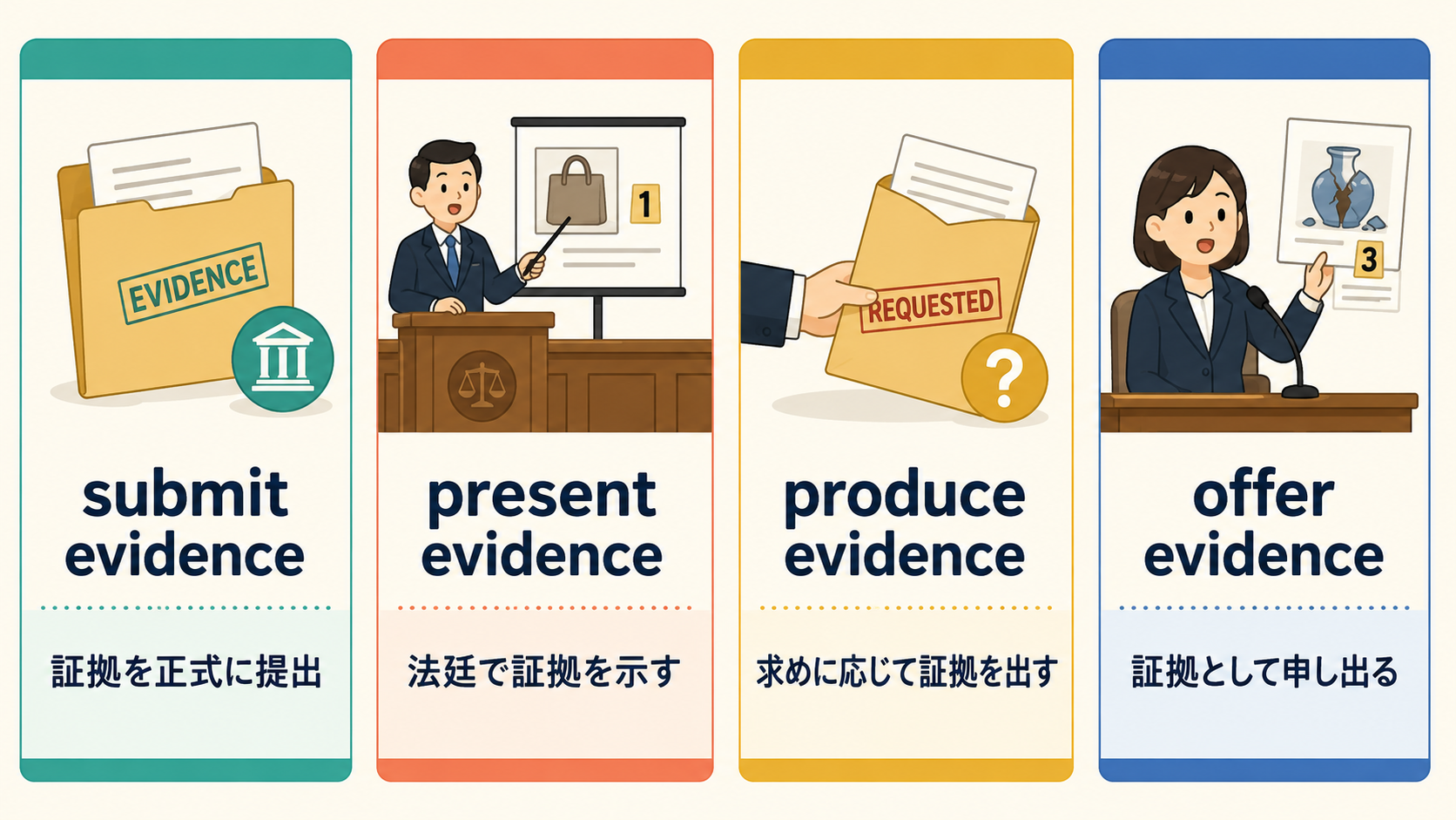 submit evidence、present evidence、produce evidence、offer evidenceの違い