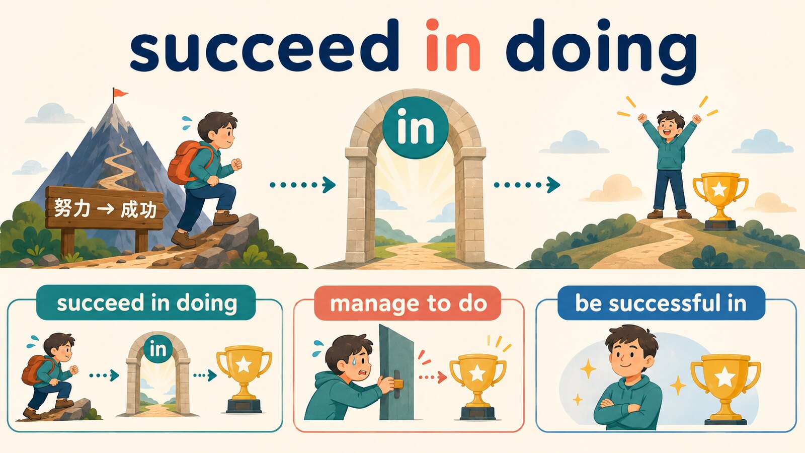succeed in doing・manage to do・be successful inの違いを示す図