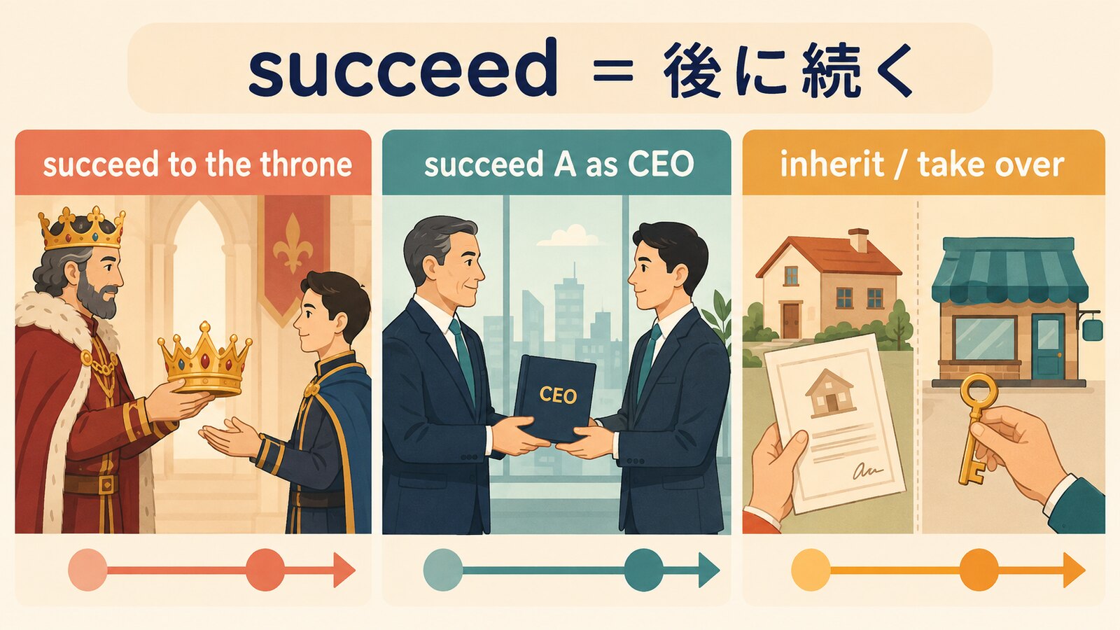 succeed to・succeed A as・inherit・take overの違いを示す図