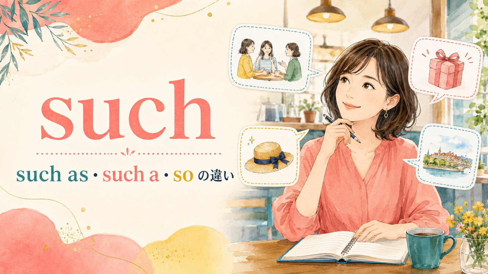 suchの意味とsuch as・such a・soの違いを学ぶ女性