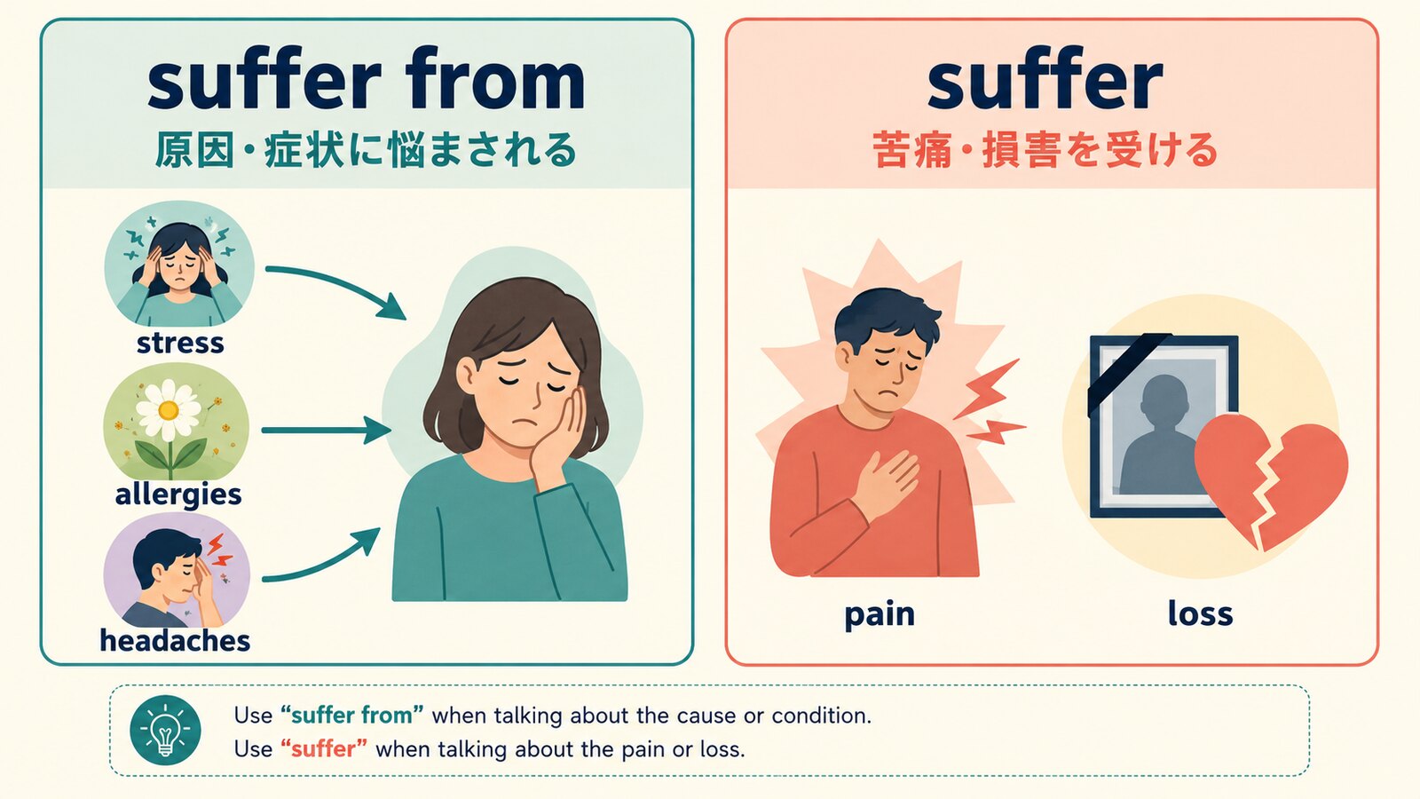 suffer fromとsufferの目的語の違いを示す図