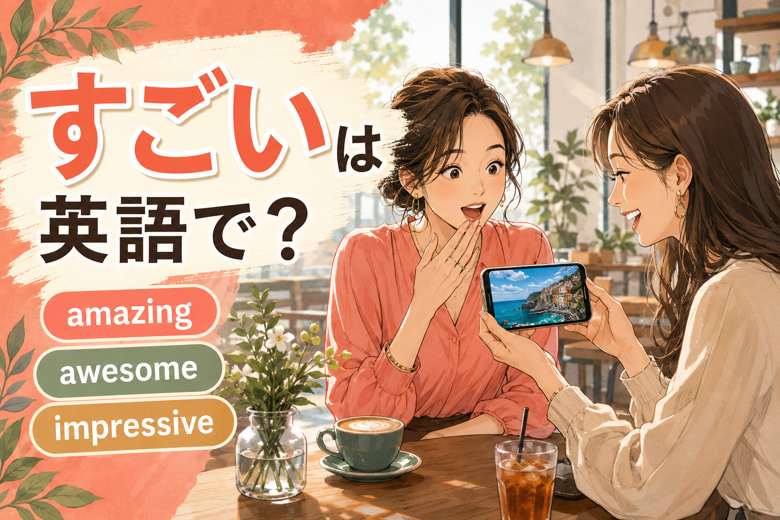 「すごい」は英語で？amazing・awesome・impressiveと書かれた英会話記事のイラスト