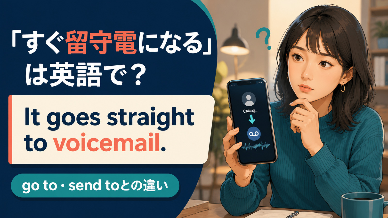 「すぐ留守電になる」は英語で？go straight to voicemailとgo to・send toの違いを紹介するアイキャッチ画像