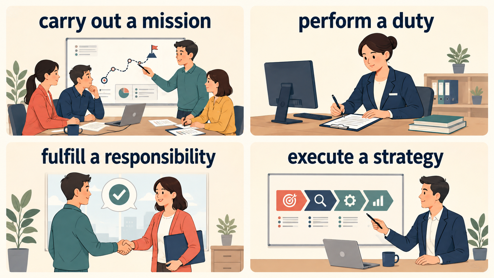 遂行するをcarry out a mission、perform a duty、fulfill a responsibility、execute a strategyに分けた図