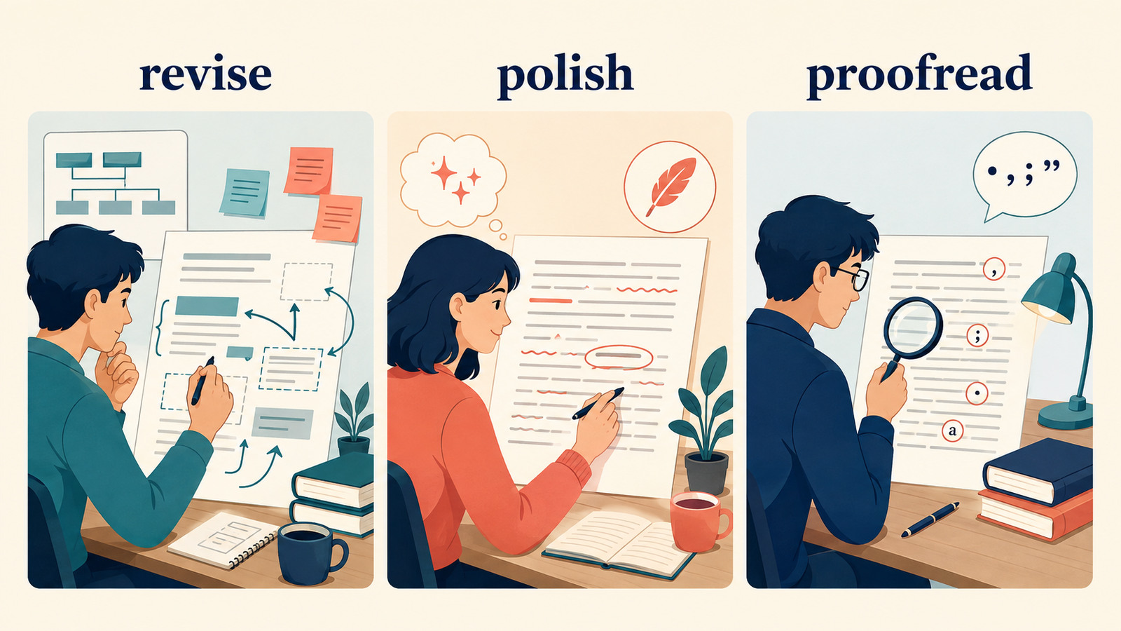 推敲するを表すrevise・polish・proofreadの違い
