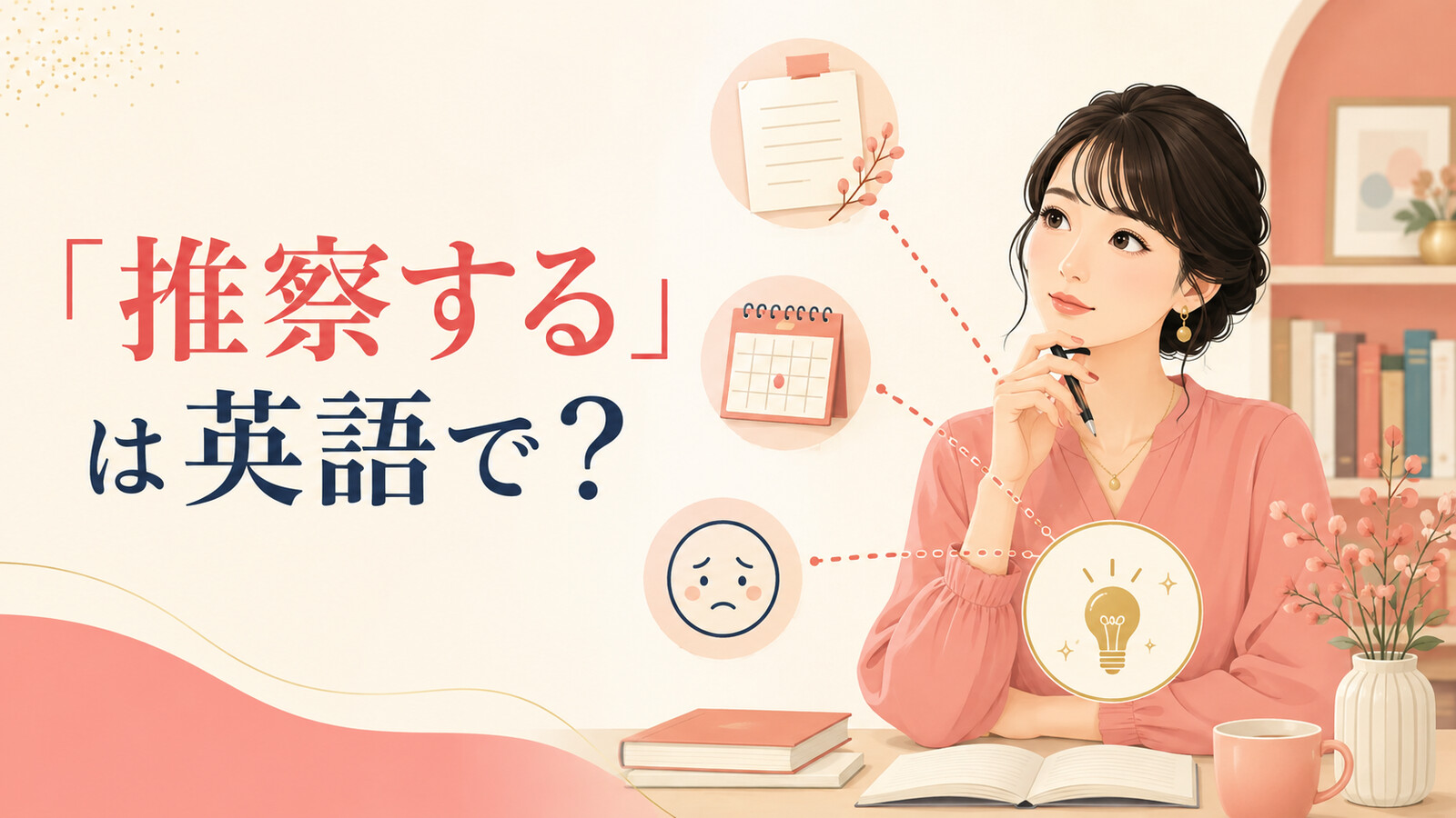 「推察する」は英語で？手がかりから相手の気持ちや状況を考える女性のイラスト