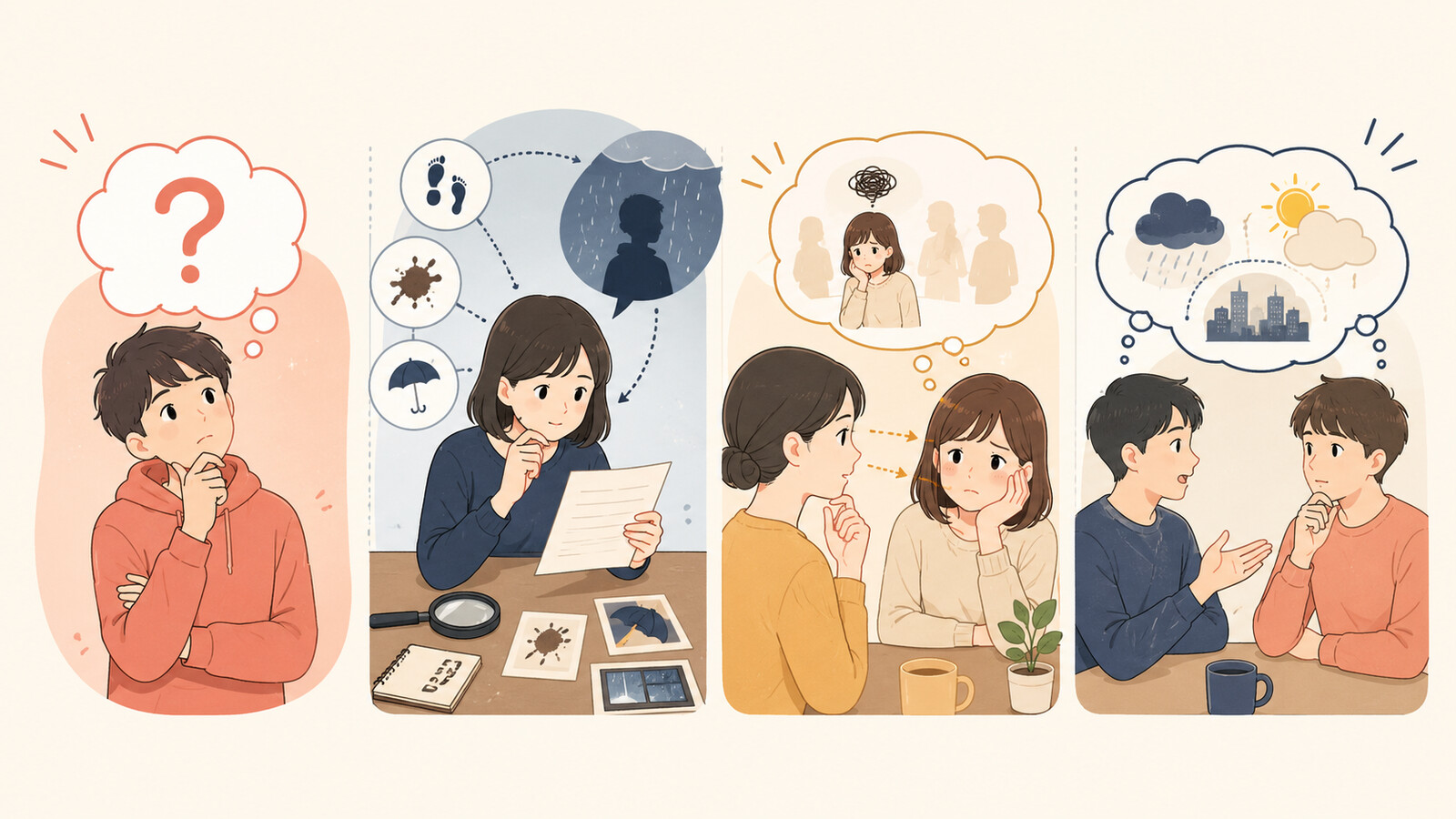guess・infer・gather・surmiseに相当する推察の仕方を4場面で示したイラスト