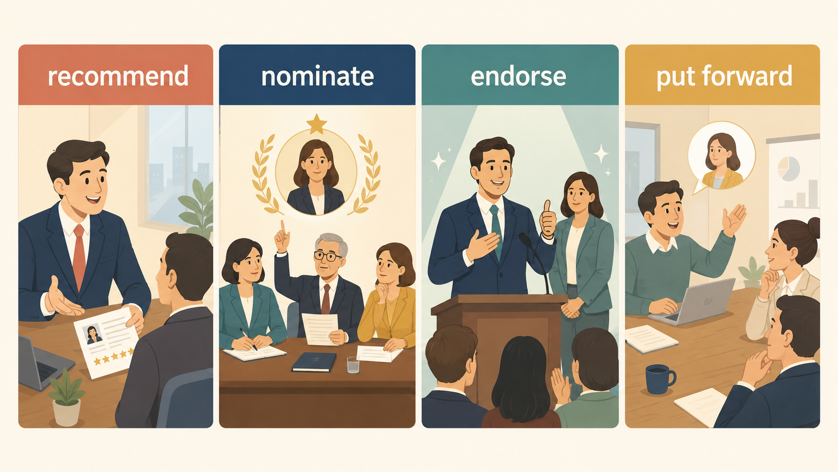 recommend・nominate・endorse・put forwardの違いを示す比較イラスト