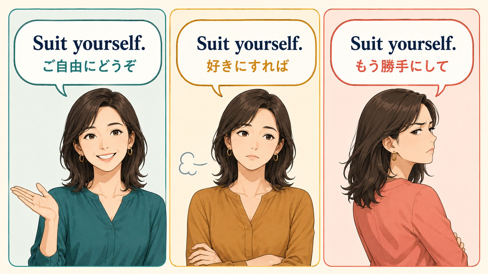 Suit yourself.が「ご自由にどうぞ」「好きにすれば」「もう勝手にして」に変わるニュアンス図解