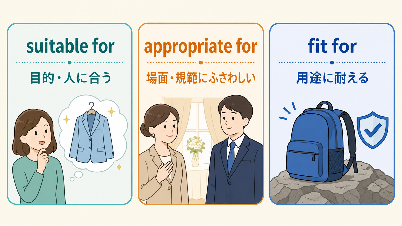 suitable for・appropriate for・fit forの違いを示すイラスト