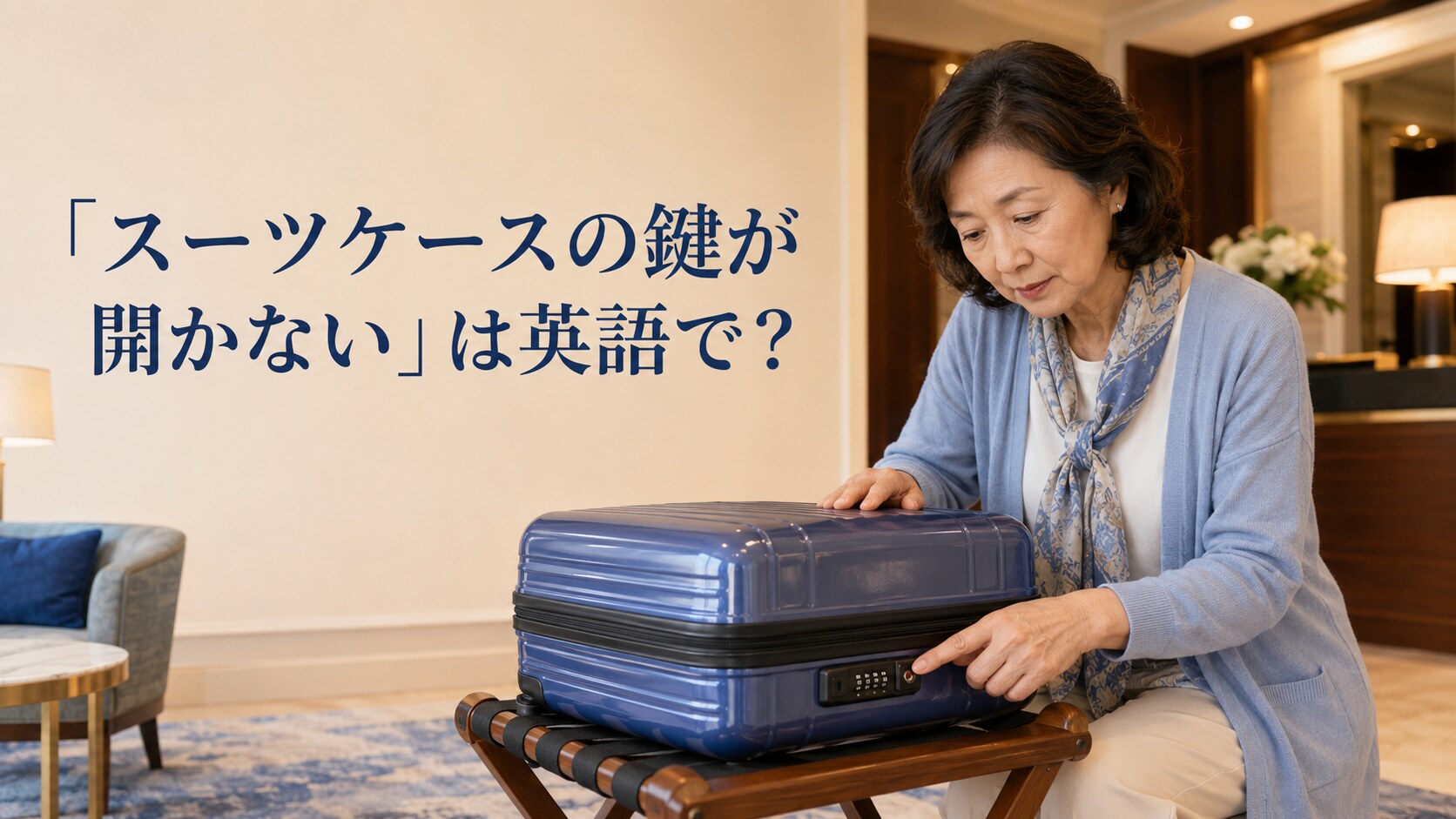 ホテルで開かないスーツケースの鍵を確認する女性