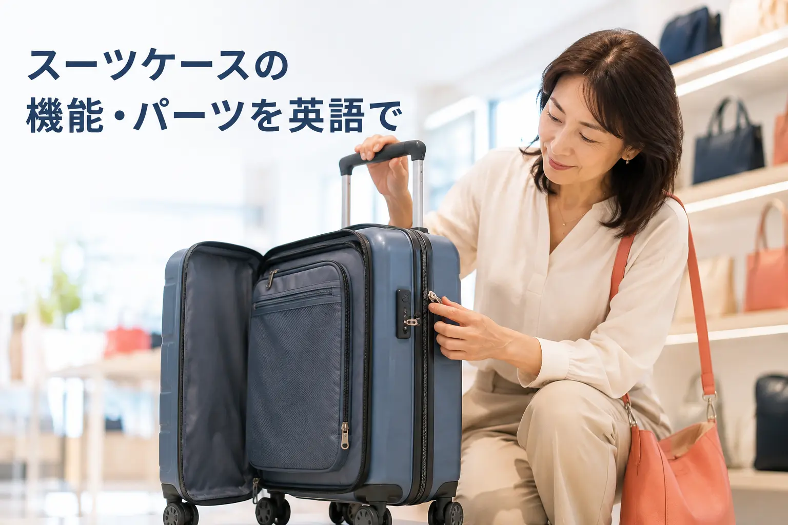 スーツケースの機能・パーツを英語で｜TSA lock・spinner wheels・handle・zipper