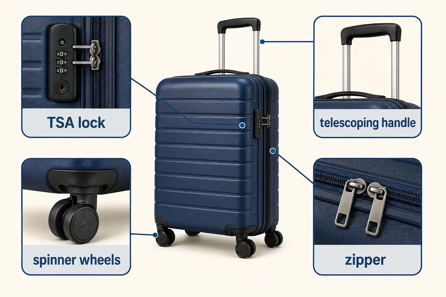 スーツケースのTSA lock・spinner wheels・telescoping handle・zipperを示す英語図解