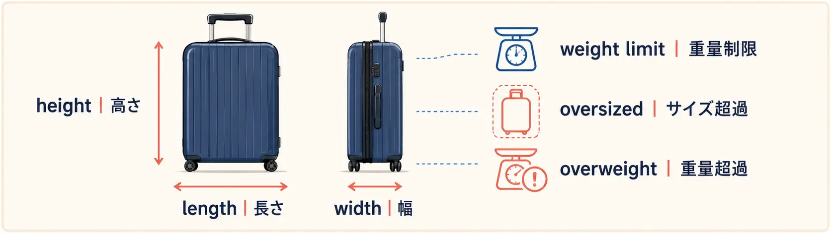 length width height weight limit oversized overweightの図解