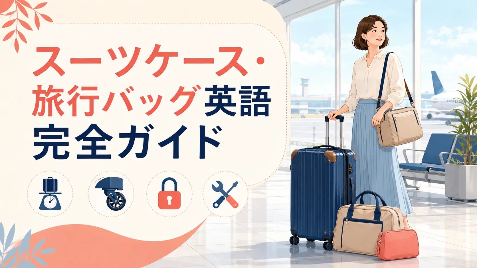 空港でスーツケースと旅行バッグを持つ女性