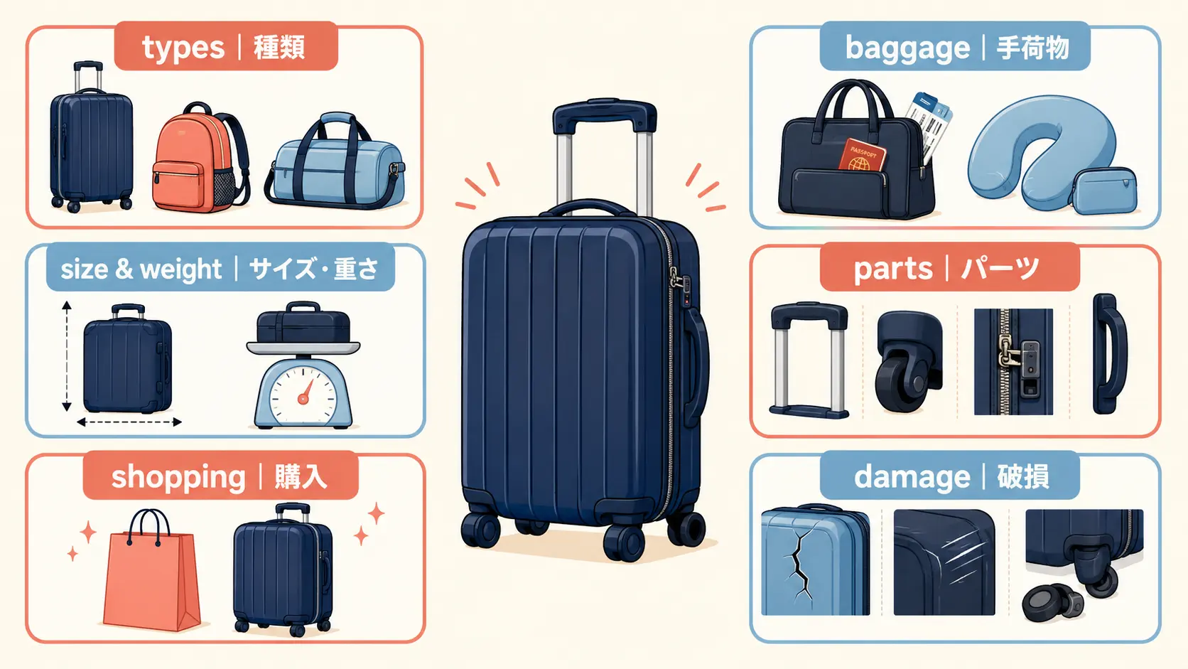 種類 手荷物 サイズと重さ パーツ 購入 破損の英語図解