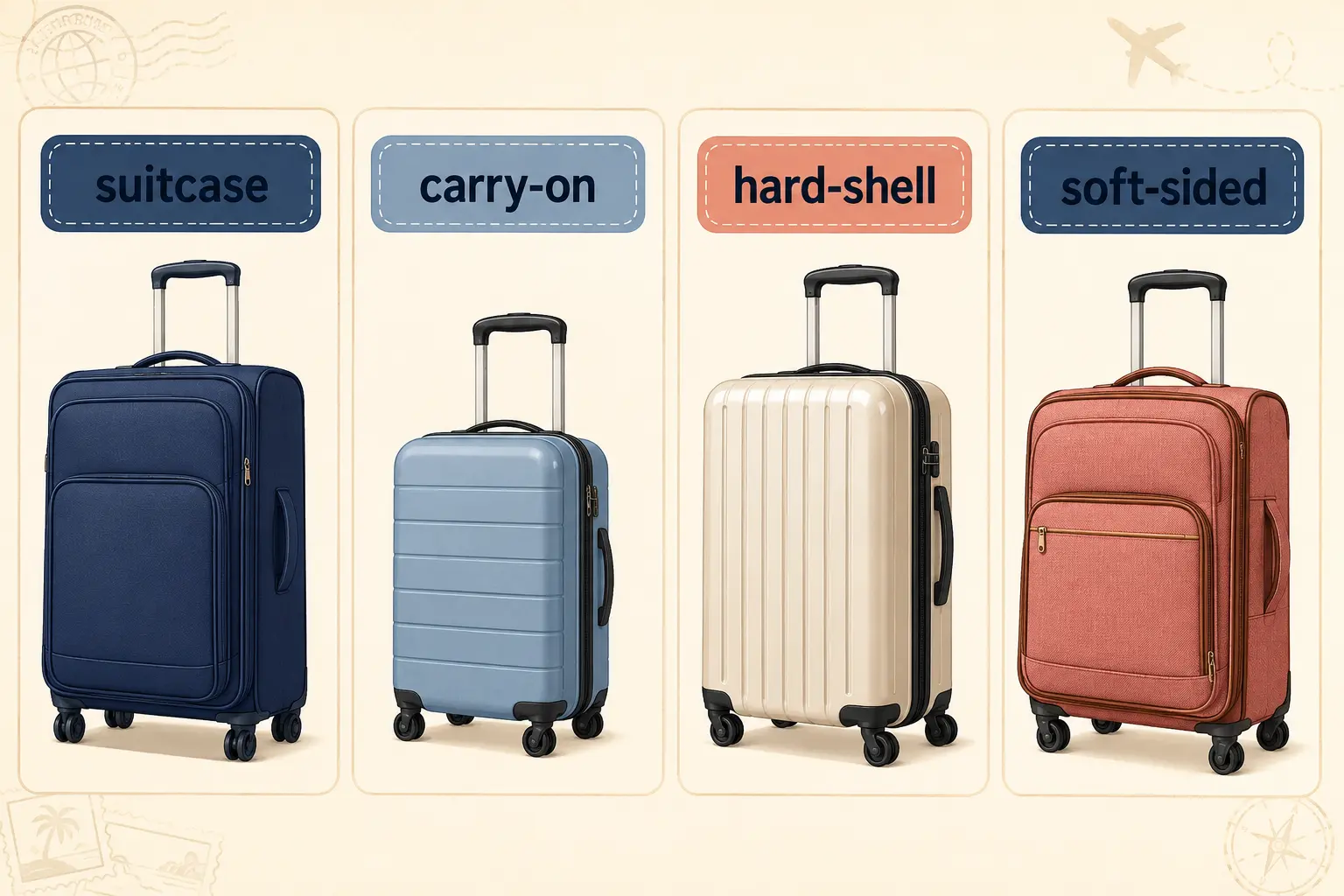 suitcase・carry-on・hard-shell・soft-sidedの4種類を比較したイラスト