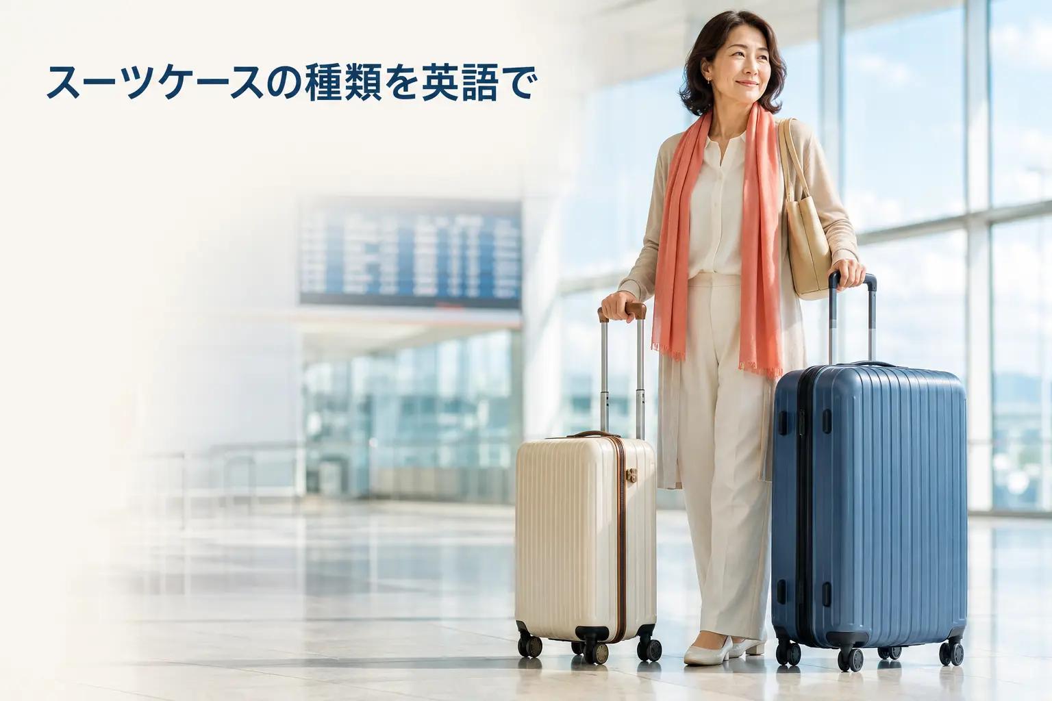 空港で大小2つのスーツケースを持つ女性と「スーツケースの種類を英語で」の文字