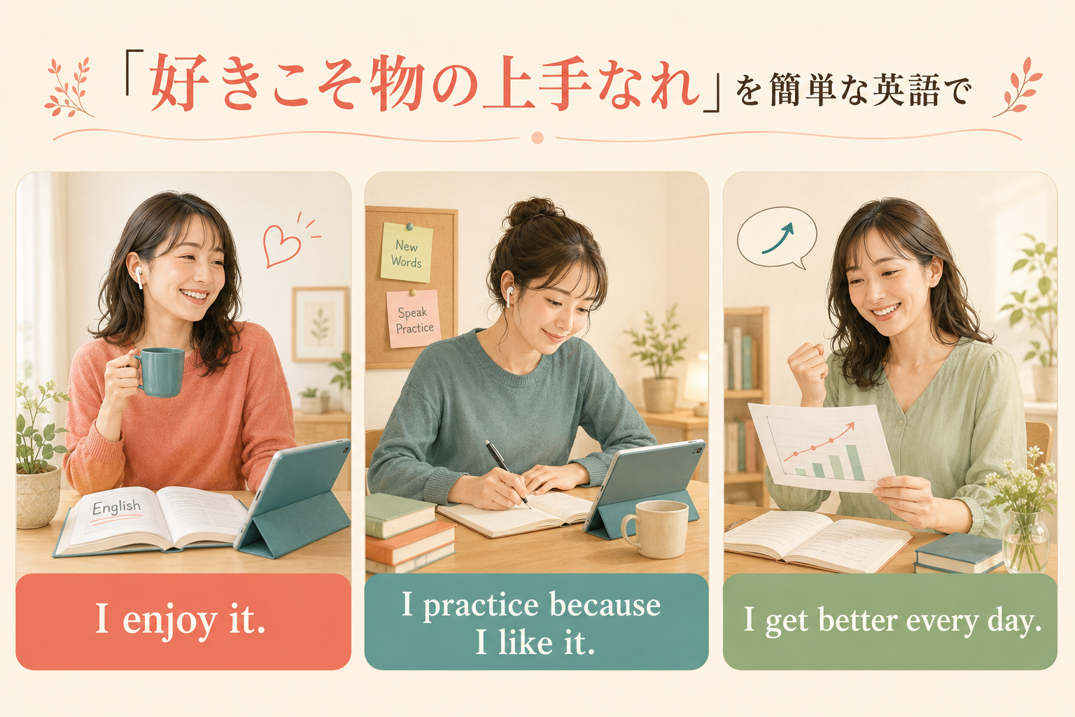 好きこそ物の上手なれをI enjoy itなど簡単な英語で表すイラスト