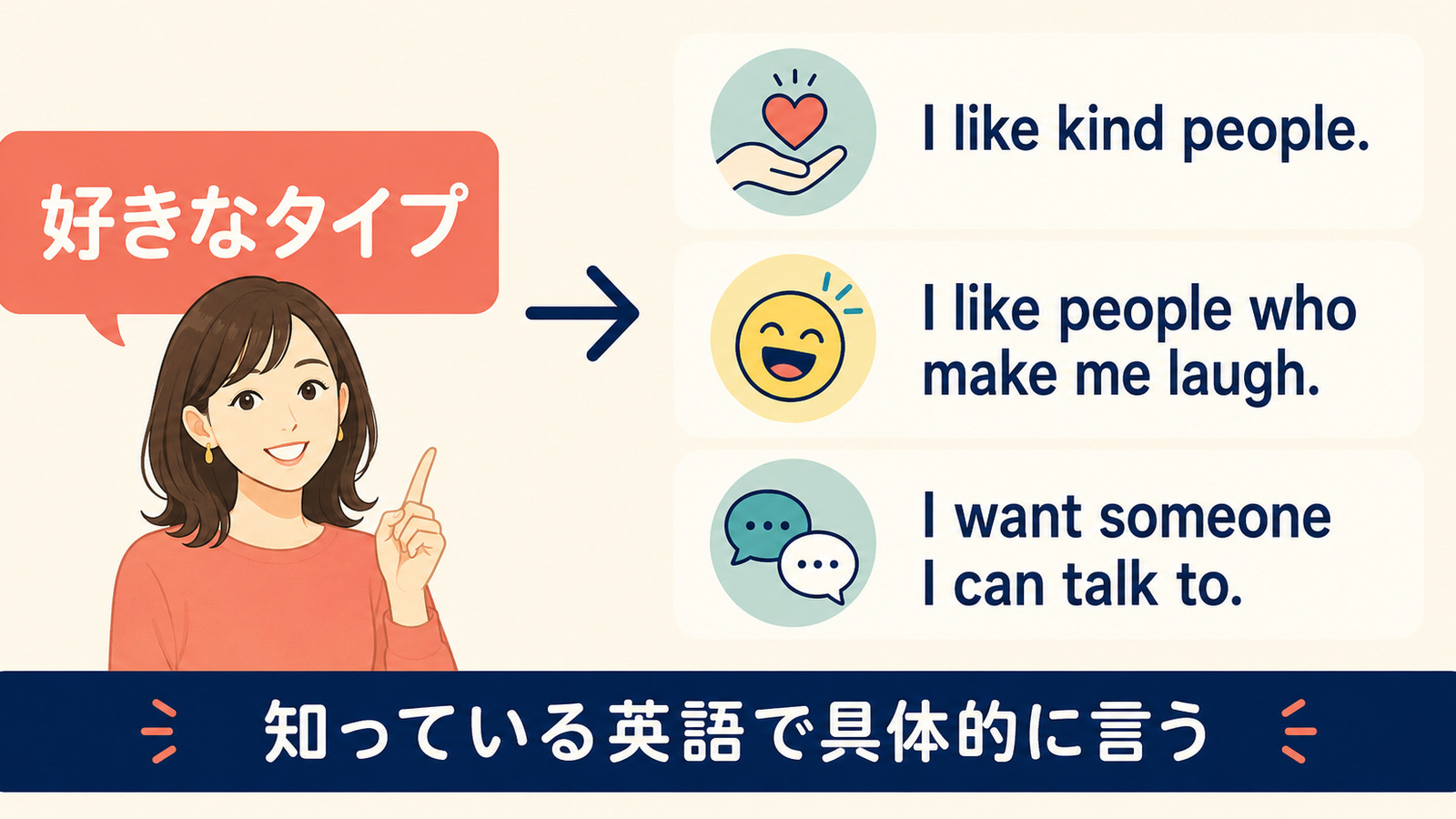 好きなタイプをkind・make me laugh・talk toで具体的に伝えるしゅみすけ式イラスト