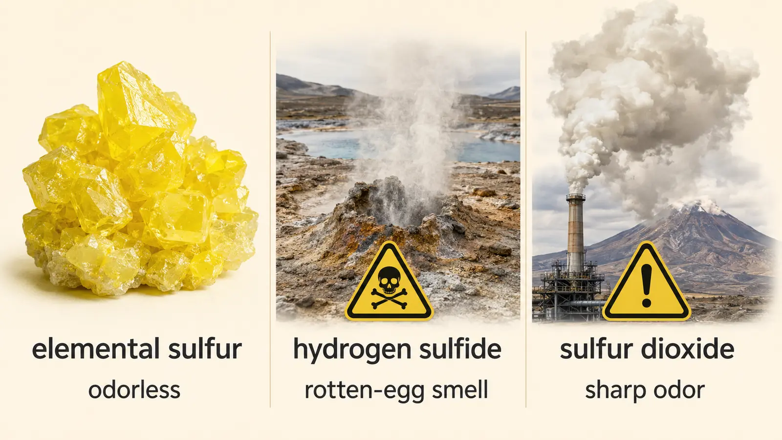 elemental sulfur、hydrogen sulfide、sulfur dioxideの臭いを比較した英語解説画像