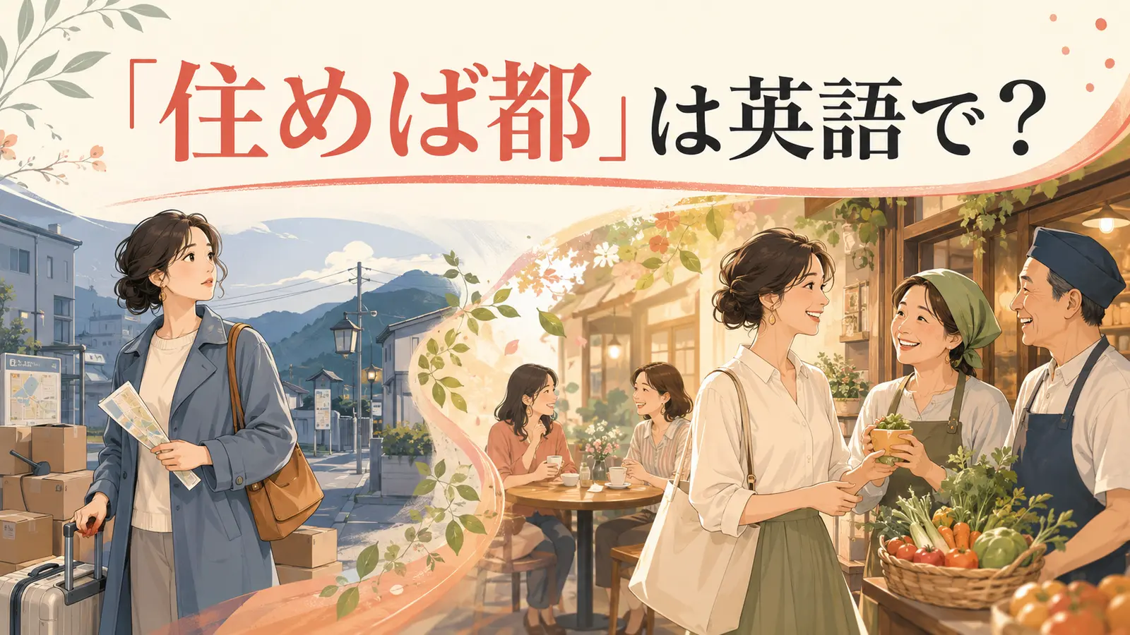 「住めば都」は英語で？新しい町に慣れて愛着が湧く女性のイラスト
