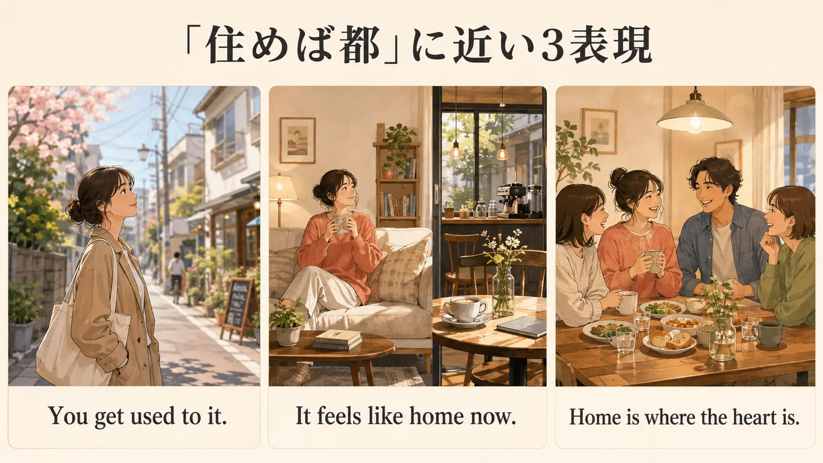 住めば都に近い英語表現を場面別にまとめたイラスト