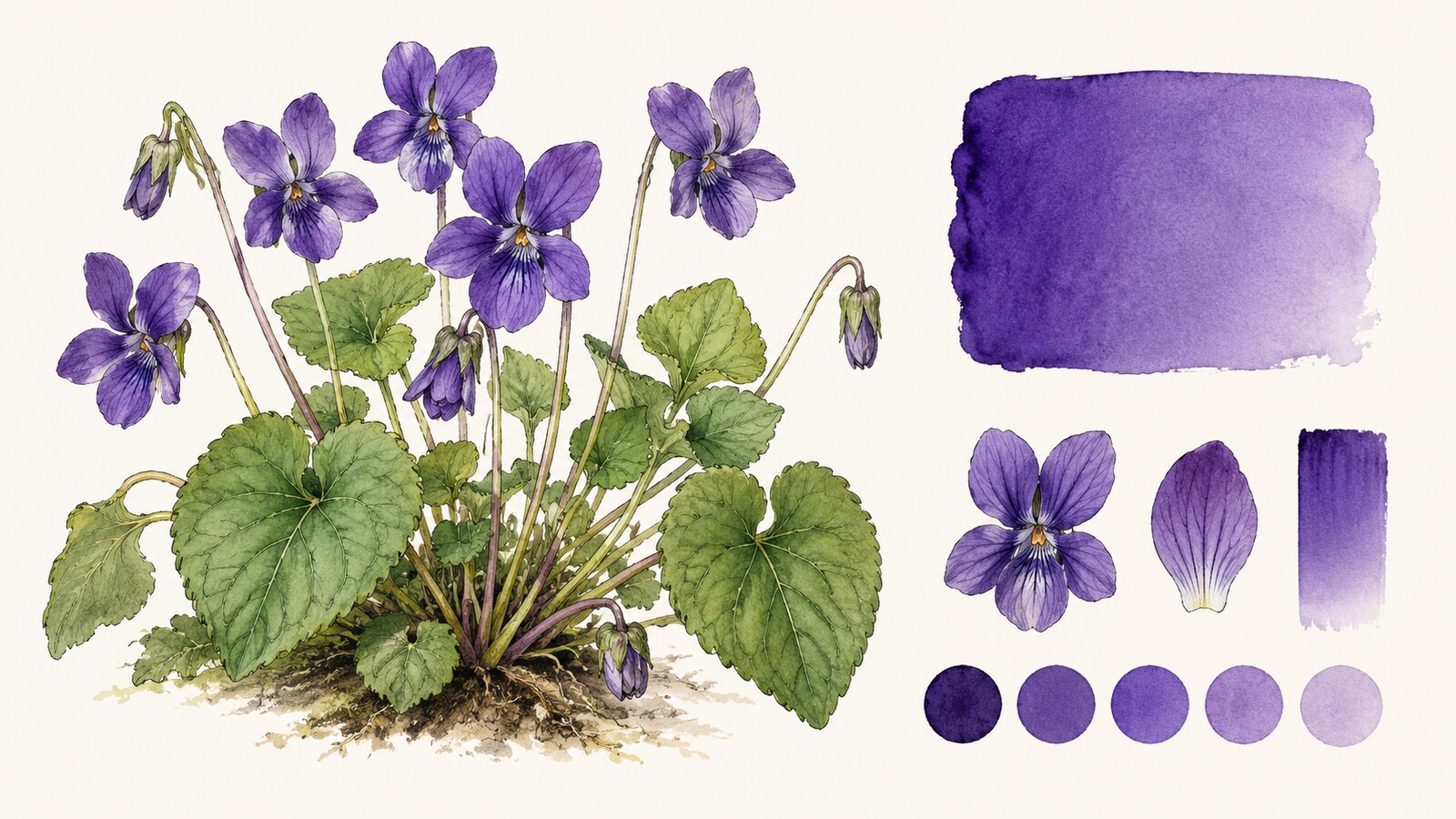 紫色のすみれの花と葉、violetの色合いを示す水彩植物イラスト