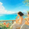 海を眺めながら夏の会話を楽しむ大人の女性2人のイラスト