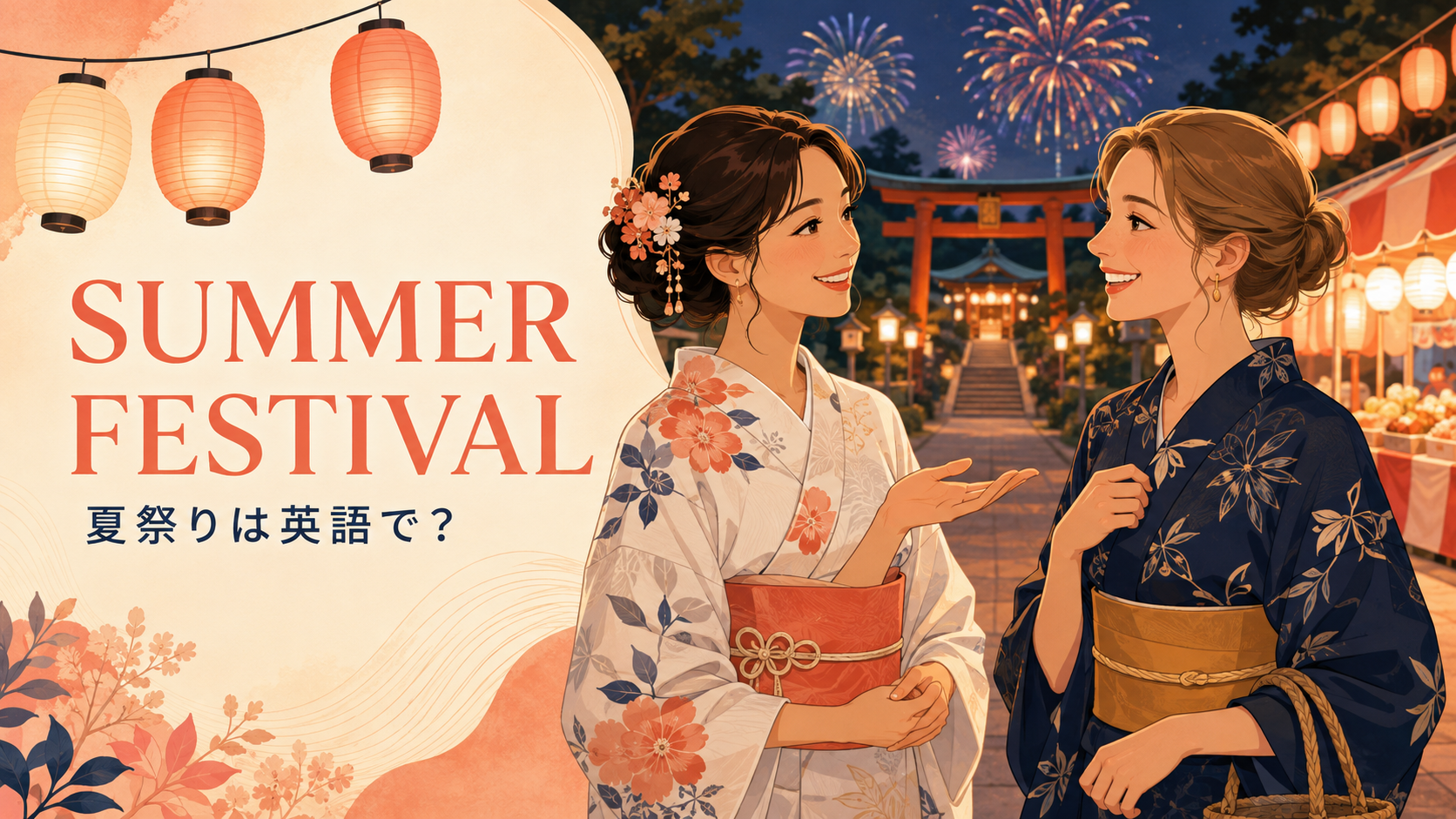 夏祭りで英会話を楽しむ浴衣姿の女性たち
