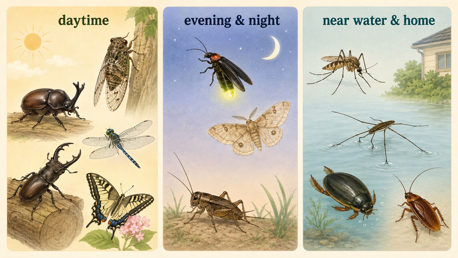 昼・夜・水辺や家で見かける夏の虫の英語イラスト