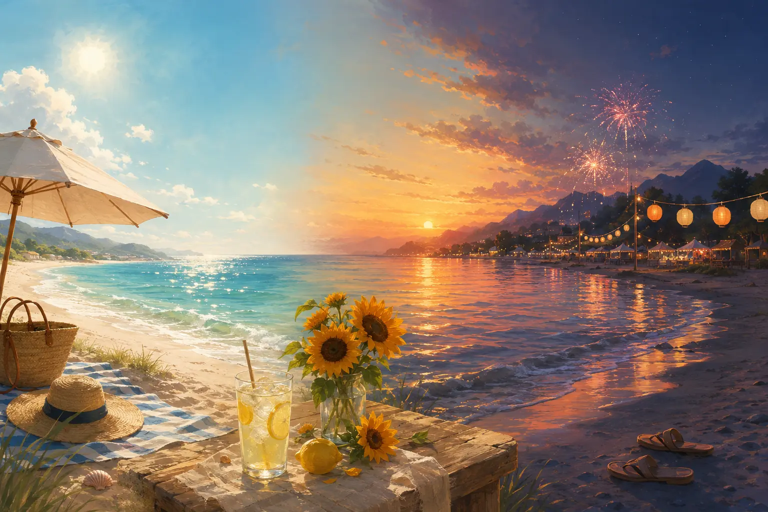 青い海、ひまわり、レモネード、夕焼け、花火で夏の移ろいを表したイラスト