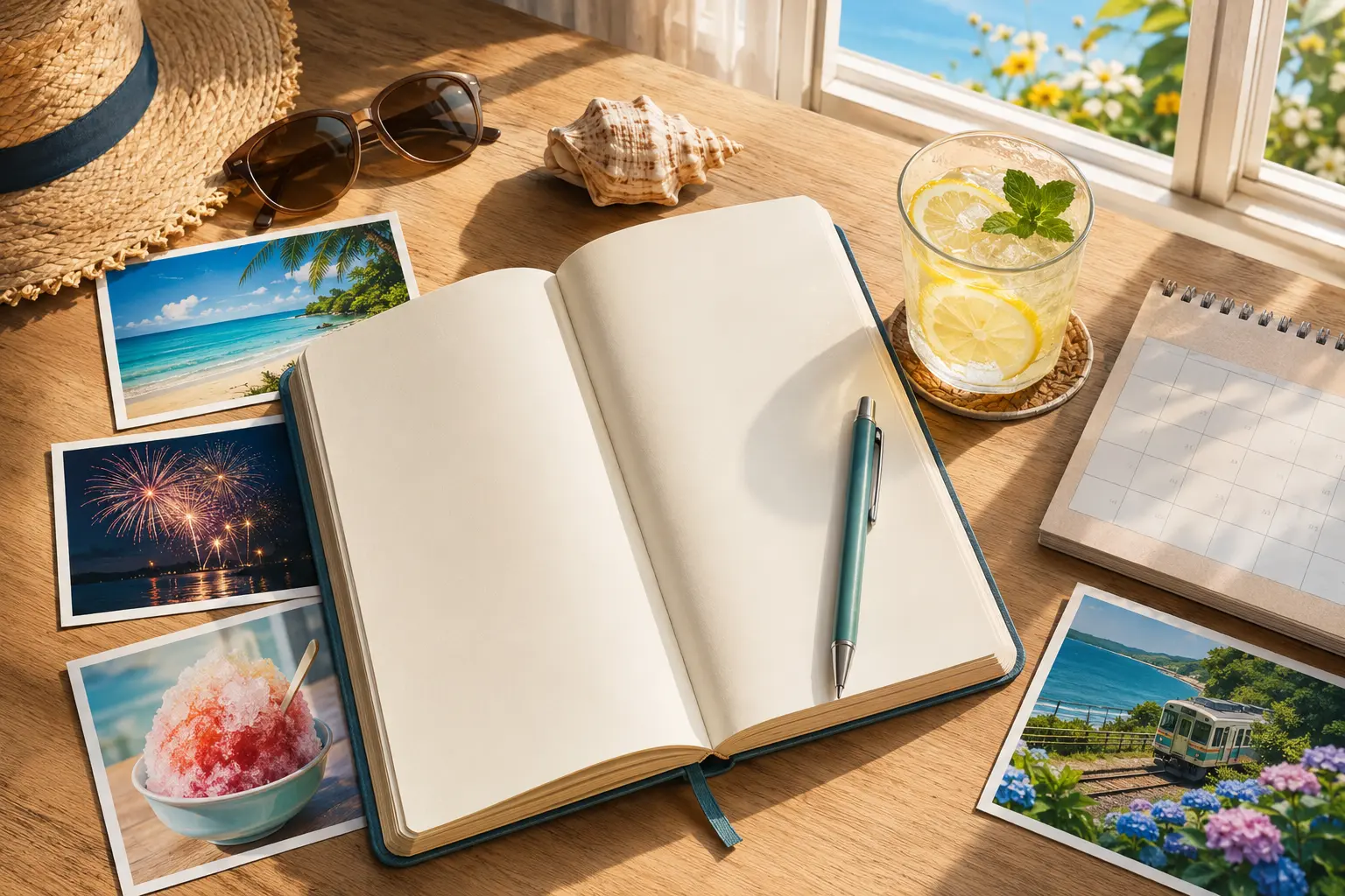 夏休みの写真、帽子、サングラス、レモネードと開いた旅行日記のイラスト